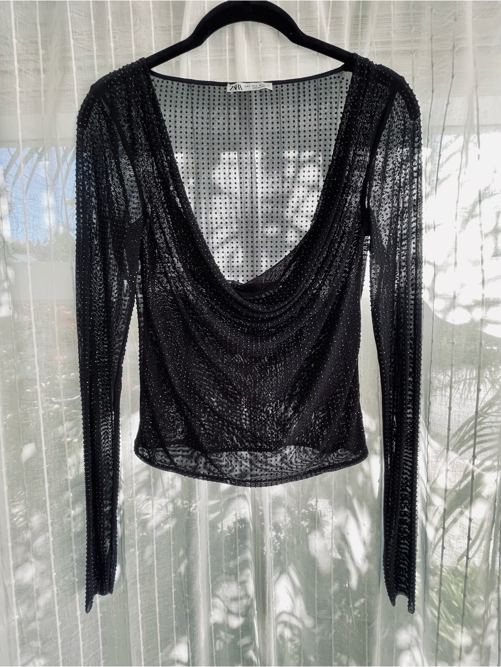 ZARA Sheer Rhinestone Mesh Drape Top – Black (Size S)